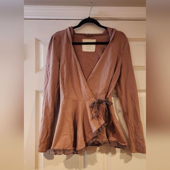 Pure Good light mauve hooded tie front long sleeve cardigan sweater top M - Picture 1 of 6